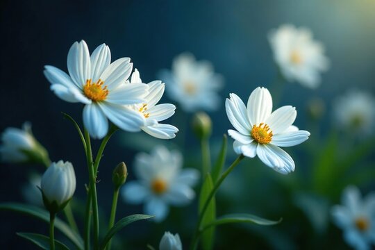 Fiori bianchi e foglie blu oro su uno sfondo scuro con un tocco di luce, armonia, fiori