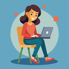 a girl is using his laptop vector