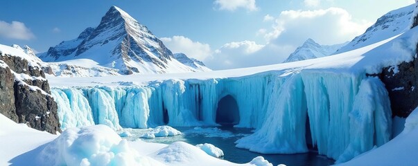 Snowy mountain peak with cascading frozen waterfalls and ice caves, ice cave, cold climate,