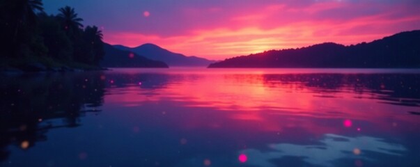 Softly glowing neon lights reflected in a calm lake surface at sunset, lake, bokeh blur, water