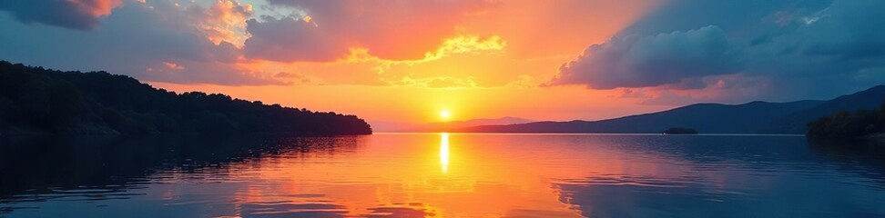 Sunset over a tranquil lake with orange hues in the sky and blue waters below, sky, nature, water