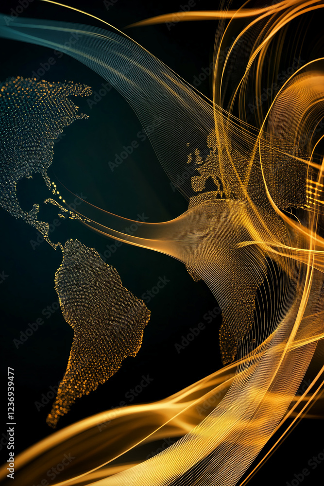 Poster golden world map with abstract glowing light waves and digital dotted pattern showcasing global conn