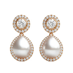 Fototapeta premium Luxury Pearl Earrings with Diamond Halo Setting - White Isolated on Transparent or blank Background, PNG