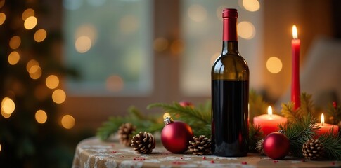 Wine bottle on a decorative table with candles and ornaments, table, festive