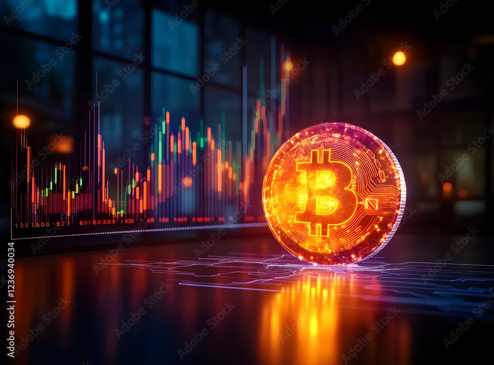 Poster a glowing bitcoin rests on a reflective surface, illuminated by vibrant, dynamic graphs illustrating