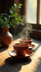 Clay cups filled with steaming hot tea placed on a wooden table amidst soft afternoon light, gentle glow, tea, light