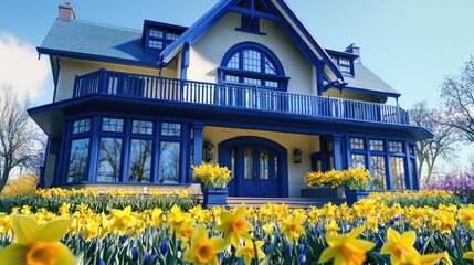 A majestic craftsman residence with royal blue trim and a spacious front porch