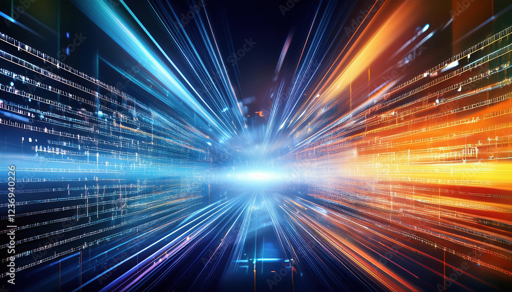 Poster dynamic abstract technology background with vibrant light trails and programming code