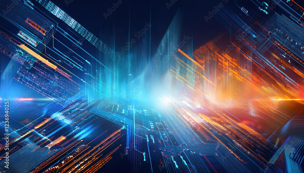 Poster dynamic abstract technology background featuring vibrant colors and programming code