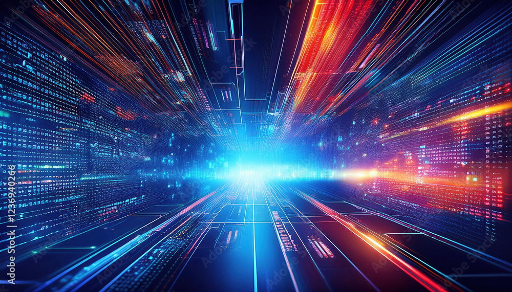 Poster abstract technology background featuring vibrant colors, digital circuits, and programming code crea