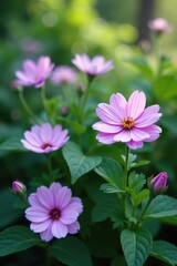 Obraz premium Pastel purple blooms amidst lush green foliage, blooming flowers, flowers, nature
