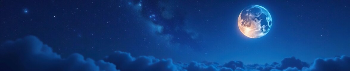 Obraz premium Softly glowing stars and moon in a dark blue night, luminous, softly glowing stars, ethereal