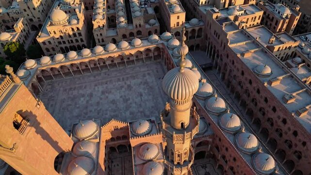 A breathtaking 4K ultra-HD aerial stock video capturing the timeless beauty of the Ibn Tulun Mosque in Egypt