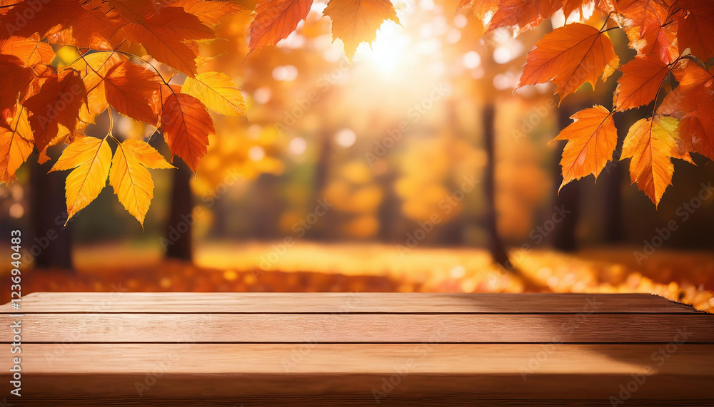 Poster vibrant autumn leaves with soft sunlight filtering through trees create warm atmosphere