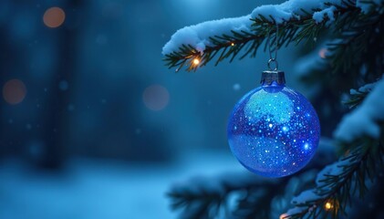 Blue LED light ornament hanging from a branch on top of a snowy tree, white, glow