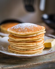 Stack of fluffy pancakes with powdered sugar.
