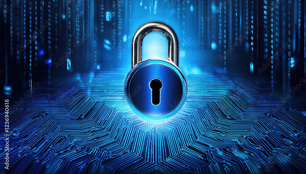 Poster digital padlock on glowing circuit background with binary code, symbolizing security and technology