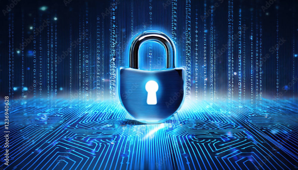 Poster glowing blue padlock on digital background with circuits and binary code, symbolizing security and p