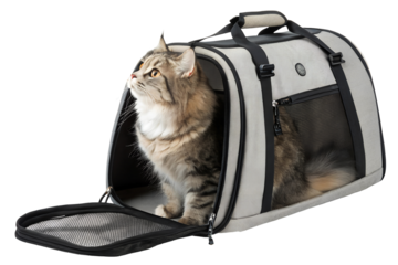 Best portable pet carrier bag for cats and small dogs, stylish and breathable travel enclosure mesh ventilation, durable and foldable design, isolated PNG cut out, transparent background, 4K download