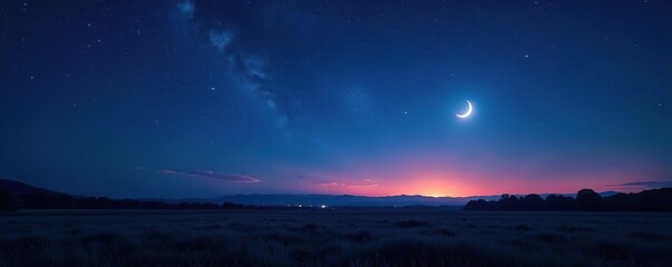 Obraz premium Starry night sky with a crescent moon shining bright over the open plains, nature, night sky