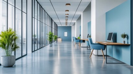 Obraz premium Modern Office Corridor Design With Blue Walls And Glass Partitions
