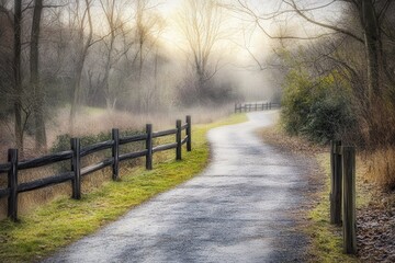 Obraz premium Misty morning path winding through parkland, autumnal setting, tranquil scene, ideal for relaxation imagery.