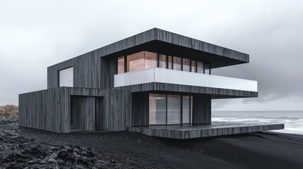 A minimalist beach house featuring charcoal black wood cladding and matte gray walls