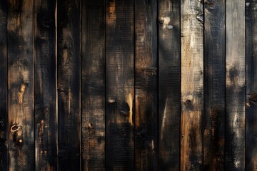 Fototapeta premium Dark brown wooden wall background with rustic texture and warm lighting