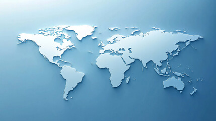 3D world map silhouette with a light blue background, showcasing global geography with a clean, modern design concept for travel, business, or international themes.