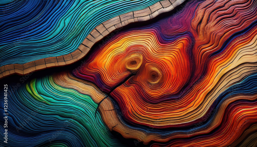 Poster intricate abstract tree stump with vibrant colors and nature patterns