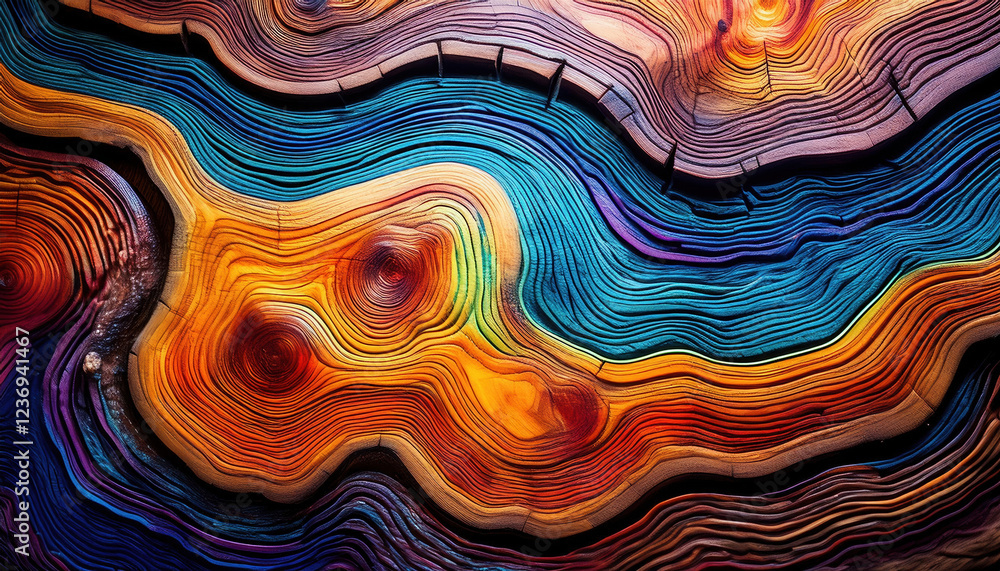 Poster intricate abstract tree stump with vibrant colors and nature patterns