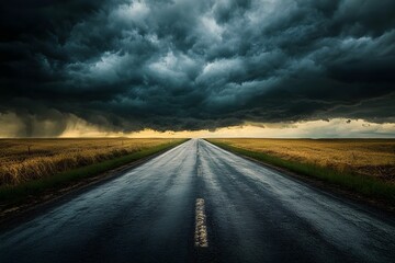 Naklejka premium Road leading into the distance with dark storm clouds overhead, signaling an impending rainstorm.