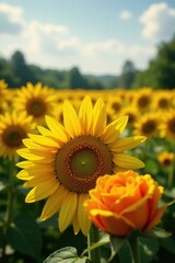 Obraz premium sunflower field with yellow and orange roses blooming, sunflowers, wildflowers, garden