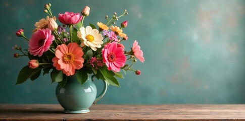 A bouquet of colorful flowers in a vintage vase on a wooden table, botanical, flower decoration,