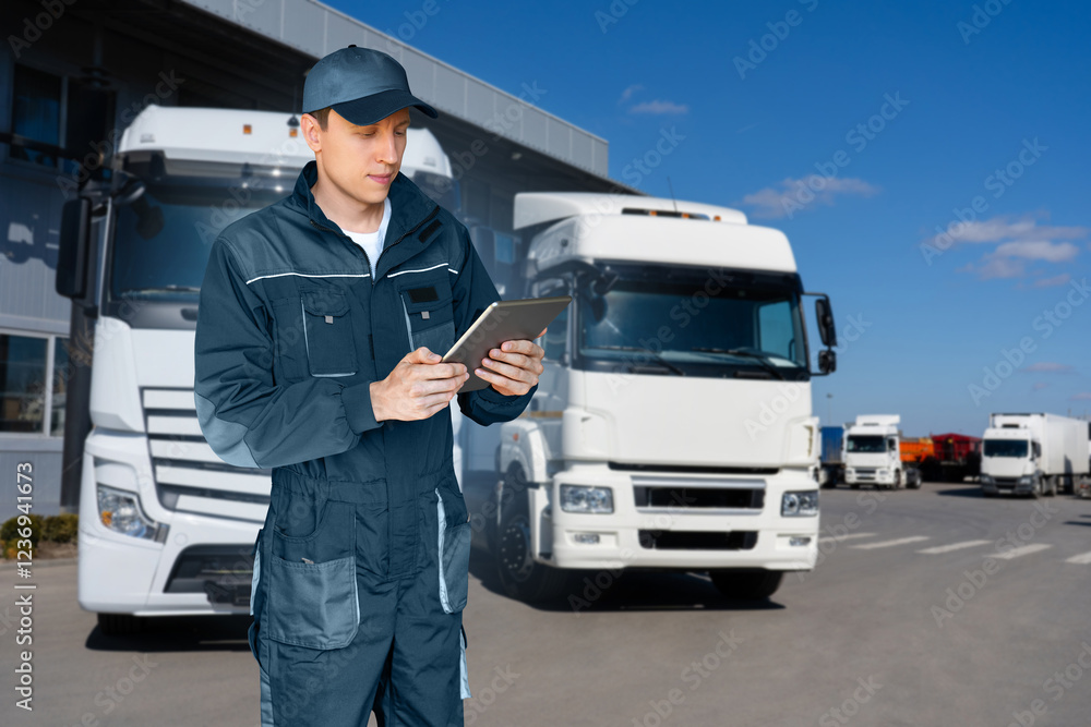 Aufkleber fleet manager with digital tablet on a background of trucks