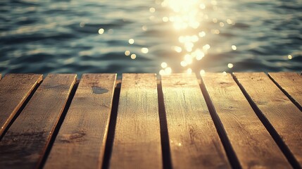 Serene Wooden Dock Overlooking Sparkling Water Soft Evening Light