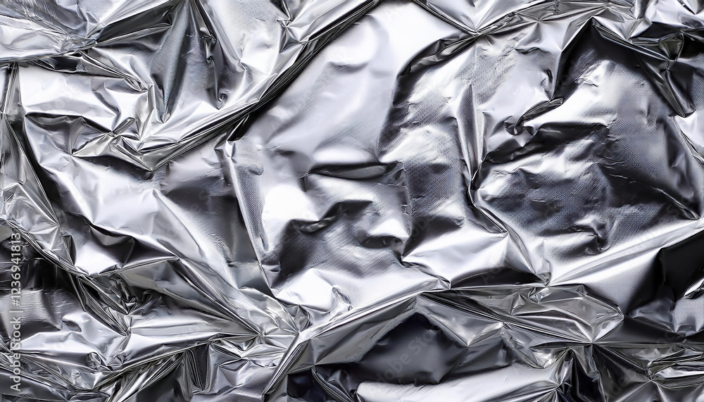 Poster close up of silver foil texture with intricate wrinkles and folds, creating shiny and reflective sur