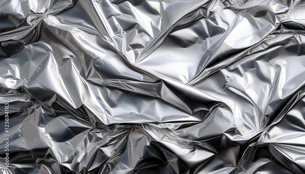 Poster close up of silver foil texture with intricate wrinkles and folds, creating dynamic visual effect