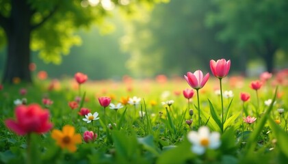 Gentle rain shower nourishes the spring flower field, green, water, blooming