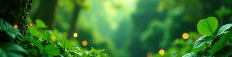 Naklejka premium Gold accents amidst an emerald green jungle landscape, landscape, gold accents, bokeh effect