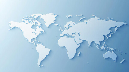 Stylized 3D world map showing the continents in white on a soft blue background. Represents global connectivity, geography, or a modern digital world view.