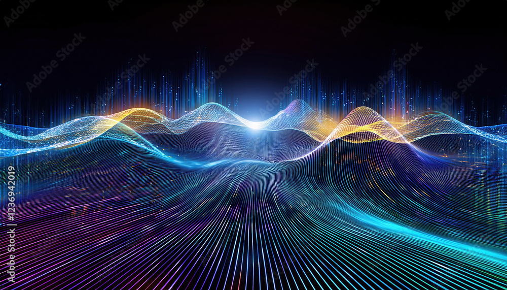 Poster digital waves in vibrant colors represent data flow and technology