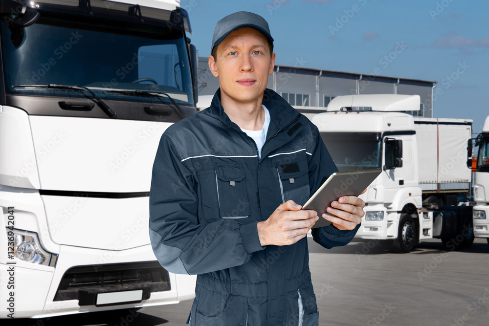 Aufkleber fleet manager with digital tablet on a background of trucks