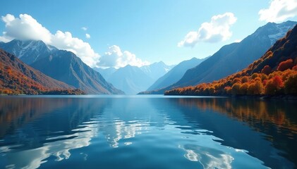 Naklejka premium Calm lake surface with autumnal ripples and surrounding mountains, water, serene