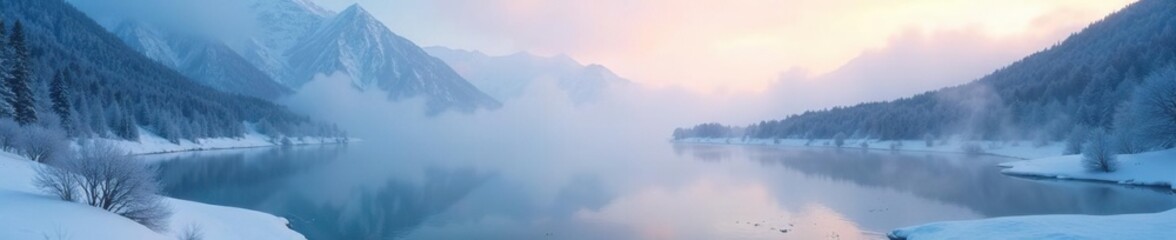 Foggy landscape of Volosyanaya mountain with frozen lake, foggy, winter