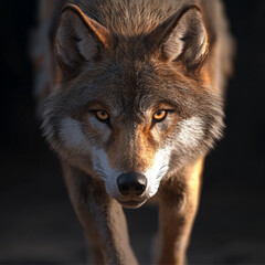 Fototapeta premium wolf walking imposingly toward the viewer, its intense eyes glowing with a captivating light. The wolf's dense fur is beautifully illuminated