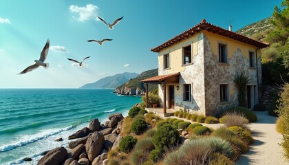 Fototapeta premium Abandoned house on Mediterranean coast with overgrown vegetation