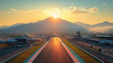 Sunrise racing track, mountain backdrop, city view, empty track