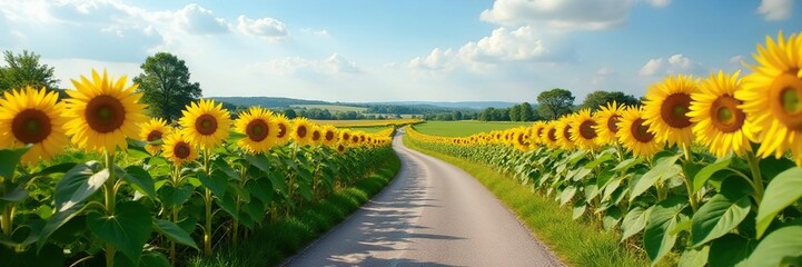 Obraz premium Sunflowers bloom in clusters along a winding country road, sunflowers, nature