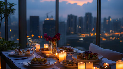 Valentine rooftop dining setup with candles, gourmet dishes and breathtaking views in a high-end luxury hotel
